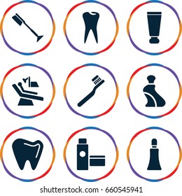 Dental icons set. set of 9 dental filled icons such as cream tube, toothbrush, tooth