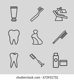 Dental icons set. set of 9 dental outline icons such as cream tube, toothbrush, tooth