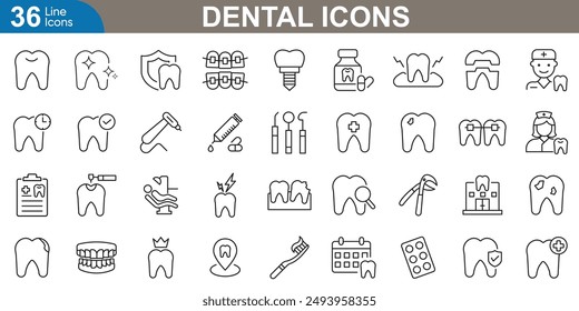 Dental icons set. Dental care, tooth, dentist, toothpaste, cavity, molar, toothbrush, orthodontics and more. simple line vector illustration.