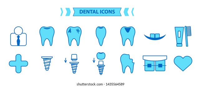 Dental Icons Set. Collection thin blue dental icons. Vector illustration. Isolated on White Background. 