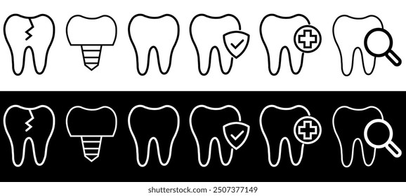 Dental Icons set. Dental Conditions procedures and care symbol. Set of black and white editable strock Vector illustration .
