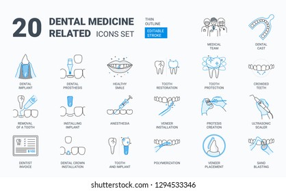 Conjunto de ícones dentários. Contém ícones como impressões dentárias, dente protegido, sorriso saudável, anestesia, prótese dentária, folheado, equipe médica, remoção de uma instalação de coroa de dente etc.