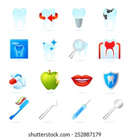 Dental icons set with dentistry surgeon tools cracked tooth and pills isolated vector illustration