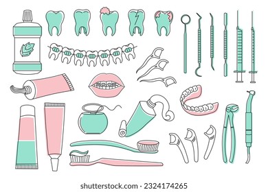 Juego de iconos dentales, colección de símbolos odontológicos. Esbozos con color, ilustraciones con logotipo, señales lineales clínicas dentales.