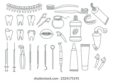 Juego de iconos dentales, colección de símbolos odontológicos. Esbozos, ilustraciones de logotipo, paquete de signos lineales de clínica dental. Vector