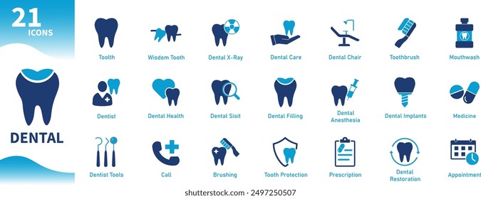 Dental Icons. Set of flat icons on oral health, dentist, brushing teeth, medical, mouthwash, wisdom teeth, dental fillings. Solid vector icons