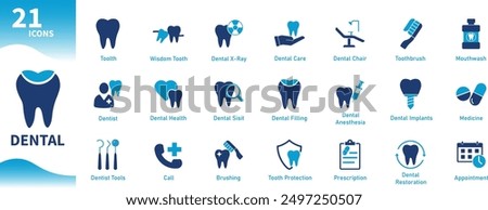 Dental Icons. Set of flat icons on oral health, dentist, brushing teeth, medical, mouthwash, wisdom teeth, dental fillings. Solid vector icons