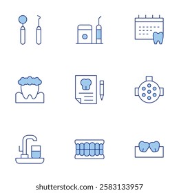 Dental icons set. Line Duotone style, editable stroke. teeth, irrigation, dentist tools, tooth, dental light, sink, calendar, dental insurance.