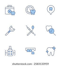 Dental icons set. Line Duotone style, editable stroke. light, tooth, dental, dental surgery, dental floss, dentist, clock, location.