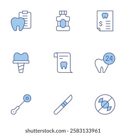 Dental icons set. Line Duotone style, editable stroke. mouthwash, diagnosis, x ray, mirror, implant, scalpel, no sweets, medical invoice, dentist.