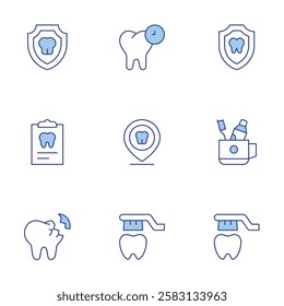 Dental icons set. Line Duotone style, editable stroke. placeholder, brush teeth, clipboard, broken tooth, dental insurance, toothbrush, dental.