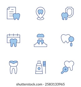 Dental icons set. Line Duotone style, editable stroke. dentist, implant, check up, toothbrush, dental insurance, dental care, dental, plaque.