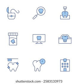 Dental icons set. Line Duotone style, editable stroke. dental checkup, endodontist, dental, dentistry, toothbrush, tooth, dental floss, enamel.