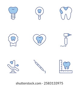 Dental icons set. Line Duotone style, editable stroke. check up, badge, care, surgery, dental implant, dentist chair, dental drill, tooth, caries.