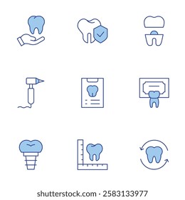 Dental icons set. Line Duotone style, editable stroke. dental implant, report, tooth, dental insurance, crown, dentist, dental drill.