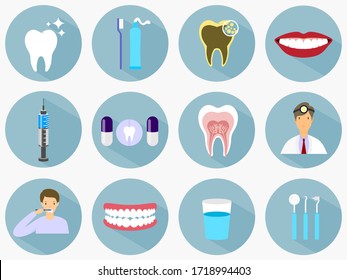 dental icons set with long shadow effect.