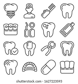 Dental Icons Set on White Background. Line Style Vector
