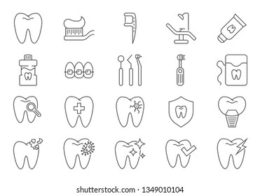 Dental Icons Set. Dental Related Vector Line Icons Set. Isolated on White Background. Editable Stroke.