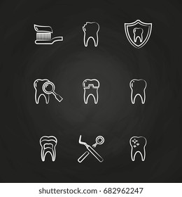 Dental icons set - teeth line icons on chalkboard. Dental set icons drawing, vector illustration