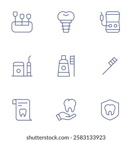 Dental icons set. Thin Line style, editable stroke. vita scale, irrigation, toothbrush, dental insurance, insurance, x ray, dental implant, dental irrigator.