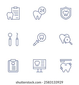 Dental icons set. Thin Line style, editable stroke. dental report, dentist, dentist tools, file, prevention, search, tooth, toothbrush.