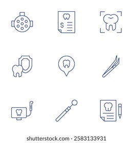 Dental icons set. Thin Line style, editable stroke. dental insurance, location, mirror, tweezers, intraoral camera, dental light, medical invoice, x ray.