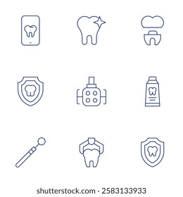 Dental icons set. Thin Line style, editable stroke. dental insurance, light, toothpaste, mirror, removal, dental implant, medical app, whitening.