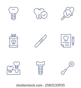 Dental icons set. Thin Line style, editable stroke. dental implant, dental insurance, magnifying glass, mouthwash, scalpel, implants, mirror.