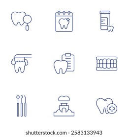 Dental icons set. Thin Line style, editable stroke. check up, dental care, dental hook, dentist, diagnosis, implant, pills, teeth, tooth.