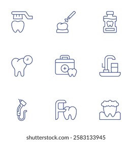 Dental icons set. Thin Line style, editable stroke. brush teeth, dental, dental drill, dental surgery, dentist, floss, mouthwash, sink, tooth.