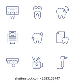 Dental icons set. Thin Line style, editable stroke. broken tooth, dental, dental drill, dentist, implant, plaque, scan, tooth, toothbrush.