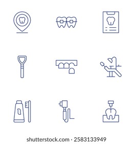 Dental icons set. Thin Line style, editable stroke. braces, dental, dental drill, dental report, dentist chair, endodontist, placeholder, tongue cleaner, toothbrush.