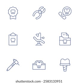 Dental icons set. Thin Line style, editable stroke. badge, dental, dental drill, dental pliers, dentist, dentist chair, documents, enamel, implant.