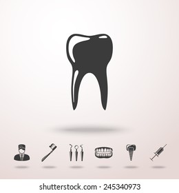 Dental icons set with - tooth, jaw, toothbrush, dentist tools, doctor, prosthesis, syringe. vector