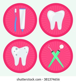 Dental icons. Set of vector illustration of the tooth with carries, healthy tooth, toothbrush and toothpaste, oral mirror and dental scraper. Collection of vector elements for a dental clinic.