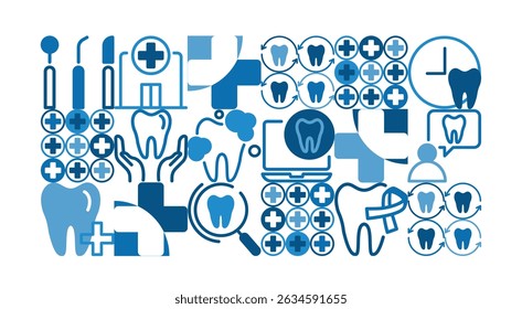 Dental icons and symbols, illustrating various aspects of dental health, care, and hygiene. medical tools and dental procedures. used in dentist clinic or hospital. vector design.