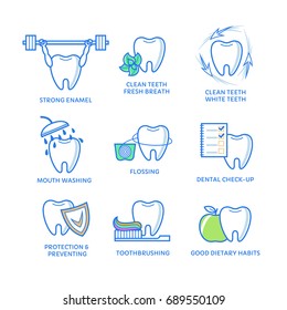 Dental icons. Teeth care and hygiene pictograms. Tooth with floss, mint, mouthwash, brush, apple, isolated on white. Dentistry illustration.