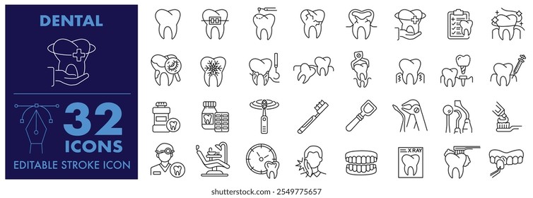 Zahnärztliche Ikonen Zahn, Zahnarzt, Implantat, Zahnklinik und Zahnpflegeelement, Zahnpasta, Zahnbürste, Zähne, Implantat . Symbolsatz für bearbeitbaren Strich