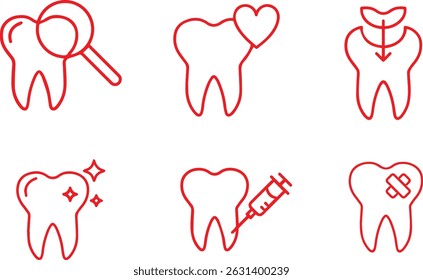 dental icons, tooth outlines, dental care symbols, simple tooth shapes, magnifying glass, heart, syringe, toothbrush, cracked tooth, vector graphics,	