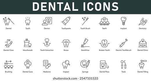 Dental Icons Vektorgrafik mit dünnen Linie editierbaren Schlaganfall enthält Zahnarzt Zahnpasta Zahnbürste Zähne Implantat Zahnarzt Stuhl Mundspange gebrochen Zahninspektion Füllwerkzeuge