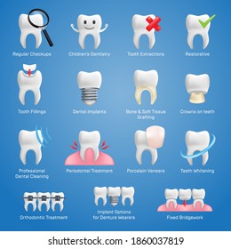 Dental icons vector set with different elements for various website services - dentistry, restorative, implants, porcelain veneers, orthodontic treatment, denture wearers, bridgework, cleaning, etc.