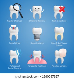 Dental icons vector set with different elements for various website services - dentistry, restorative, implants, porcelain veneers, orthodontic treatment, denture wearers, bridgework, cleaning, etc.