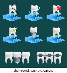 Dental icons vector set with different elements for various website services. 3d realistic illustration of a dentist's hands wearing blue protective surgical gloves holding a teeth ceramic models