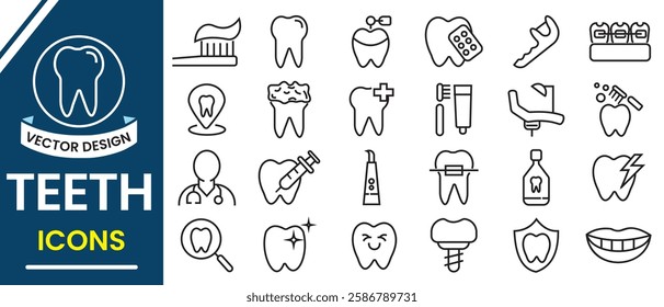 Dental icons, vector set. Tooth or teeth line icon set, Dental clinic logo design. Collection of teeth, dentist, care, dental treatment, toothpaste, tools icon. Vector illustration.