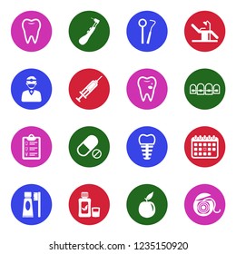 Dental Icons. White Flat Design In Circle. Vector Illustration. 