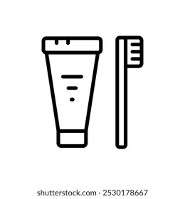 Dental Illness Prevention Objects. Tooth Paste and Brush vector line icon. Personal grooming tool isolated on white background