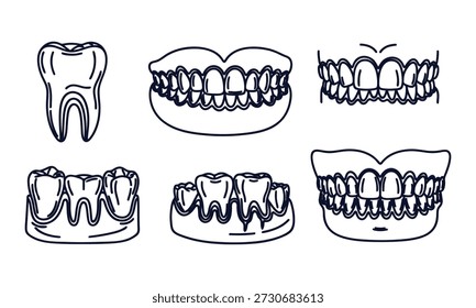 Ilustrações dentárias de dentes e gengivas em várias expressões e visualizações