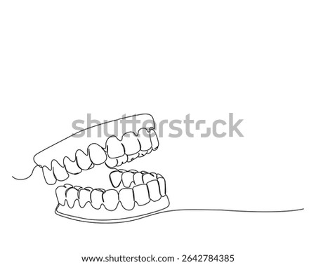 Dental implan outline illustration. Continuous line drawing of Dentures.