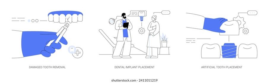 Abstraktes Dentalimplantat-Konzept, Vektorgrafik-Set. Zahnextraktionen, Zahnimplantation, künstliche Zahnplatzierung, moderne Stomatologie-Klinik, abstrakte Prosthodontik.