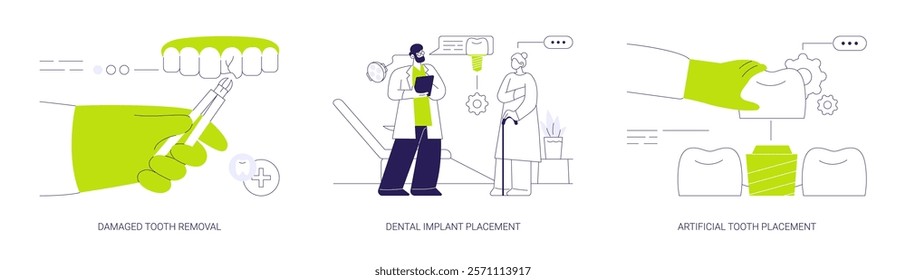 Dental implant abstract concept vector illustration set. Damaged tooth removal, dental implant placement, artificial tooth placement, modern stomatology clinic, prosthodontics abstract metaphor.